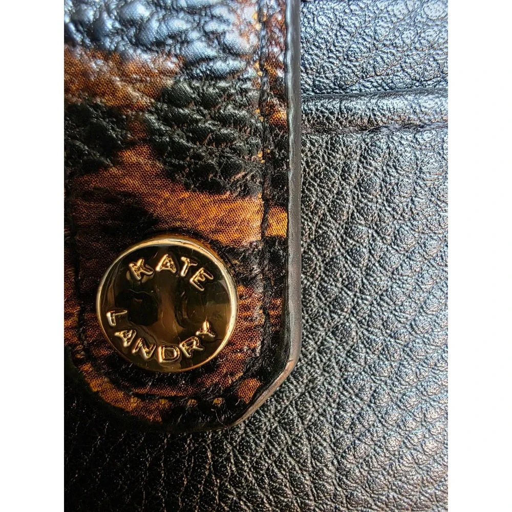 Kate Landry Black Pebbled Leather Card Holder Wallet Leopard Print Accents Slim